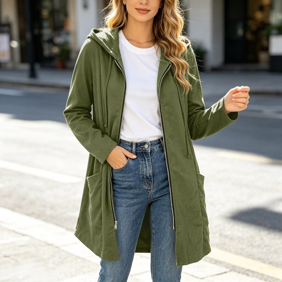 Women's Fashion Hoodies Drawstring Zipper Long Jacket Top Pocket Hooded Long Sleeve Solid Print for Casual Wear Womens Sweatshirts Army Green L