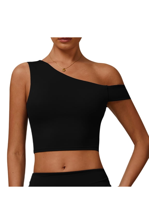 Sports Bras for Women Longline One Shoulder Workout Bra Support Built in Bra Low Impact Padded Butterluxe Wirefree Asymmetrical Yoga Cropped Tank Tops Black S