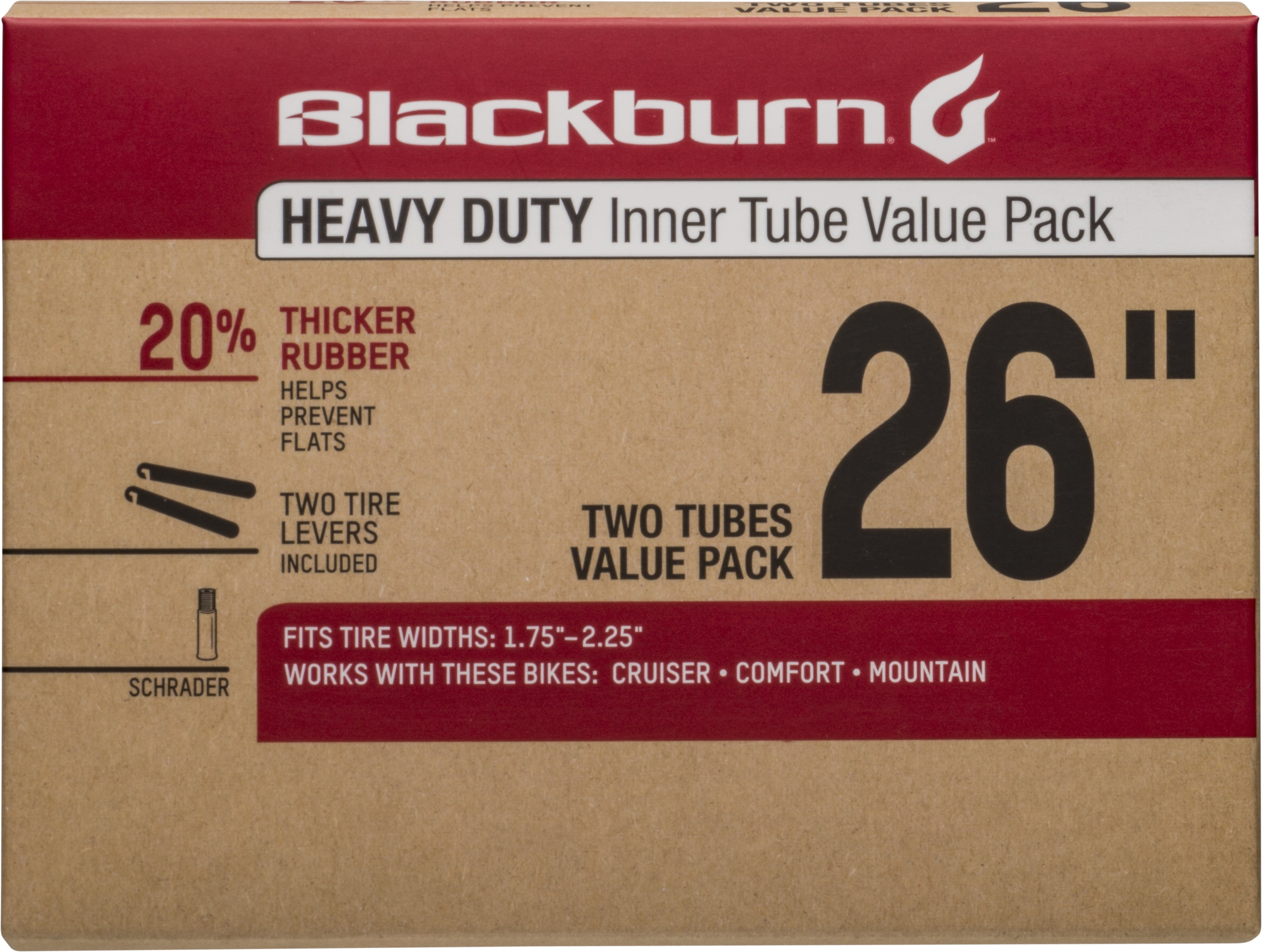 Blackburn 26IN X 1.75-2.25 Schrader Value Pack Heavy Duty Bicycle Inner Tube with tire levers