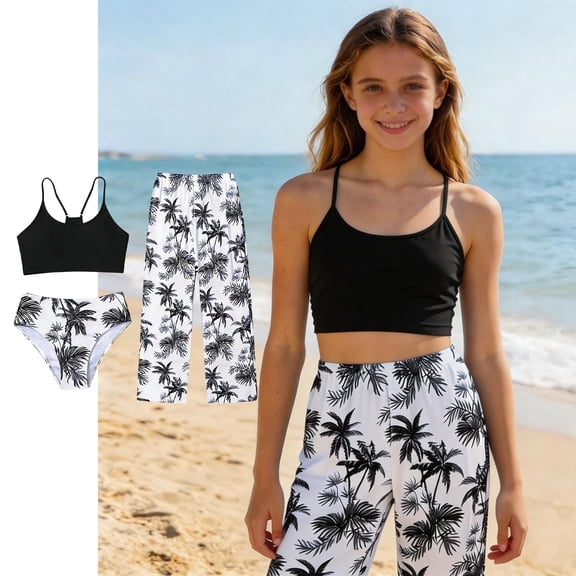 Kids Girls Swim Suits Girls' 3 Piece Bikini Set with Pants Beach Swimwear Bathing Suit Girls for 7-8 Years