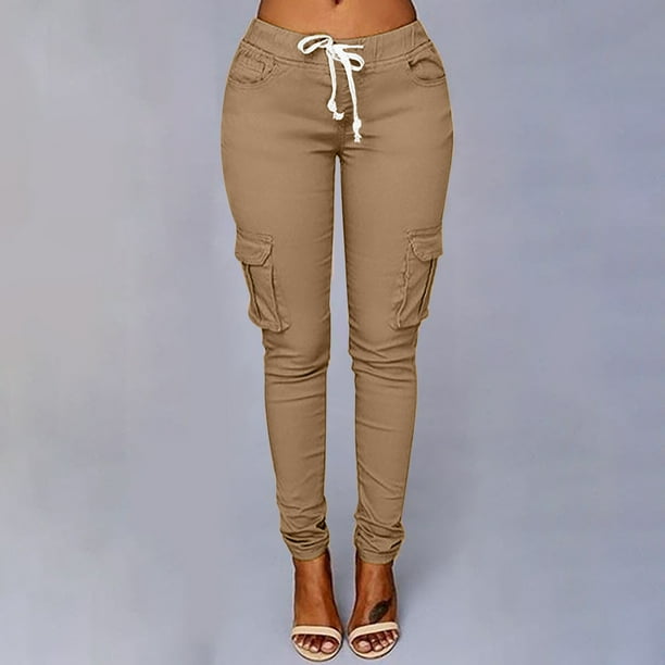 ICHUANYI Clearance Fashion Women Plus Size Drawstring Casual Solid Elastic Waist Pocket Loose Pants(Khaki, XXL) ICHUANYI WER2023081201846