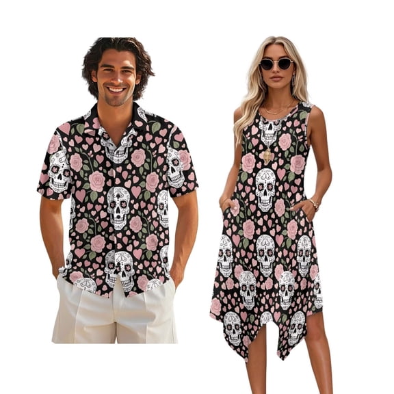 Xixirimido Gothic Skull Pink Rose Heart Matching Couple Outfits His and Hers Set Men's Button Down Shirt & Women's Sleeveless Midi Dress Summer Casual Beach Vacation Clothes, XL
