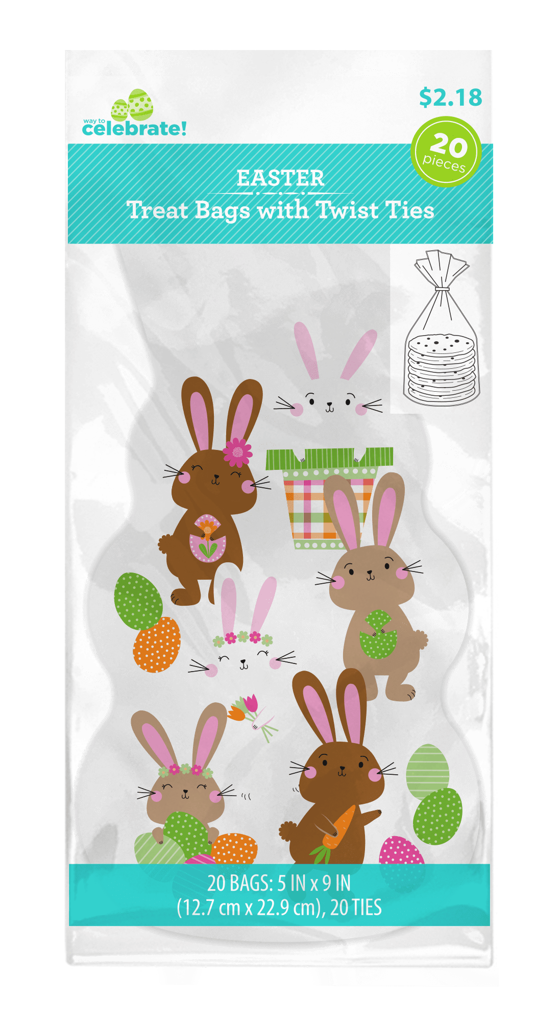 Way to Celebrate 20ct Shaped Cello Easter Treat Bags 5"x9" with 20