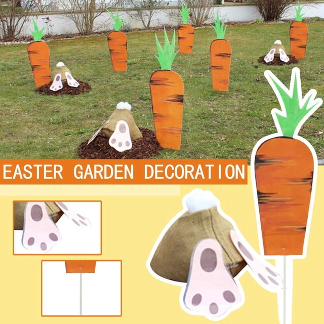 Easter Rabbit Carrot Garden Decoration Cute Rabbit Hole Carrot Insert In The Ground Garden Party Ornament Garden Sign Stake Garden for Valentine's Day Cards for Kids Small Metal Flowers for Crafts
