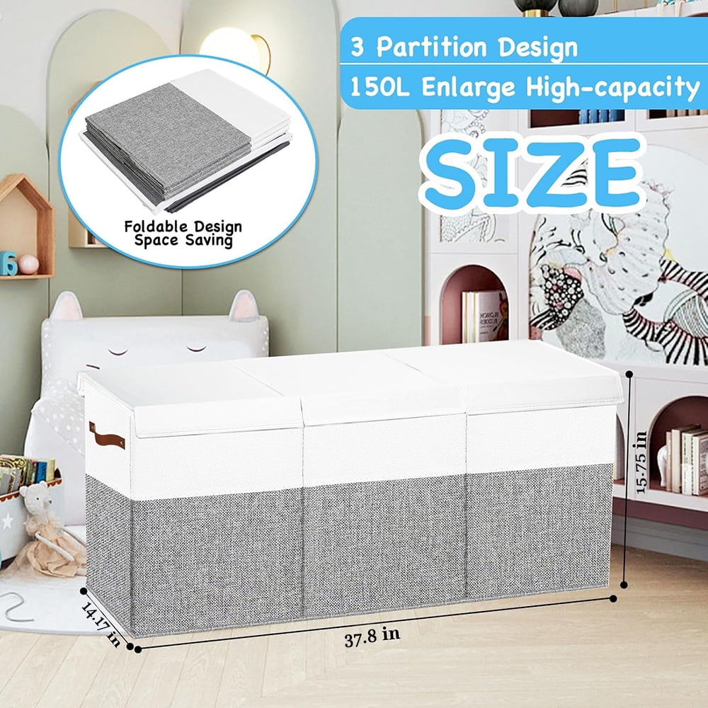 Large Foldable Toy Storage Bin 96x36x40cm - Collapsible Organizer Box with Lid, White & Gray Multi-Purpose Home Storage for Toys, Clothes, Blankets