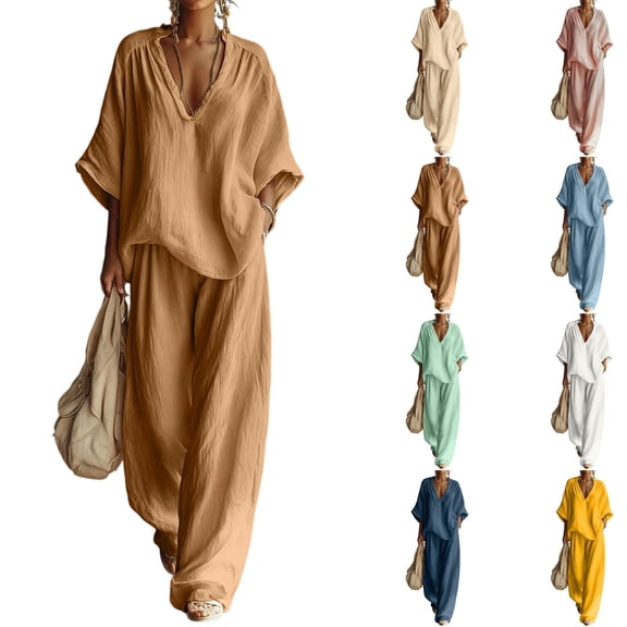 Cotton Linen Sets for Women 2 Piece Batwing Sleeve V Neck Shirts and Wide Leg Pants Set Casual Outfit,Khaki L