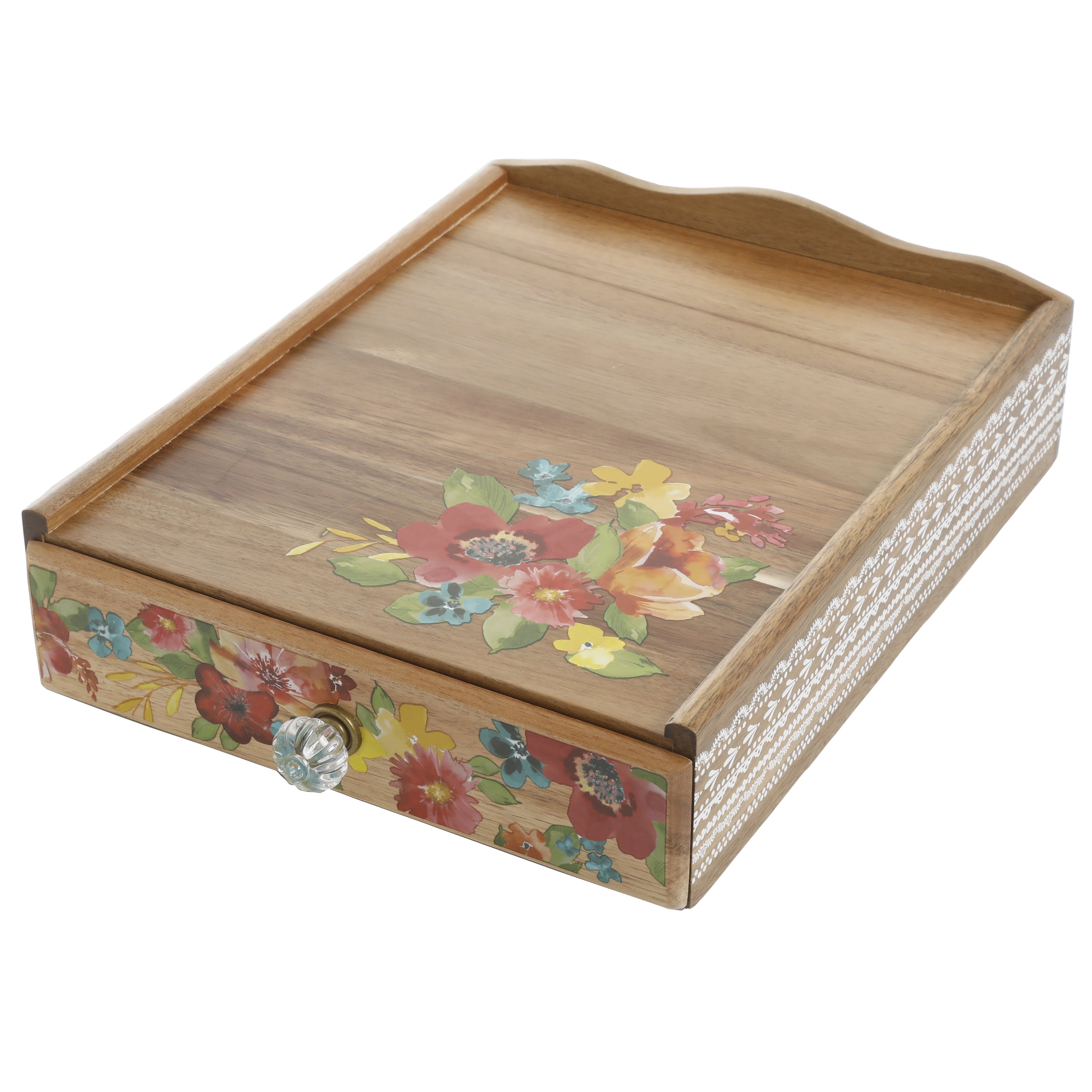 Pioneer Woman Vintage Floral Acacia Wood Organizer Storage Box 6" x 9" x 2" NEW 