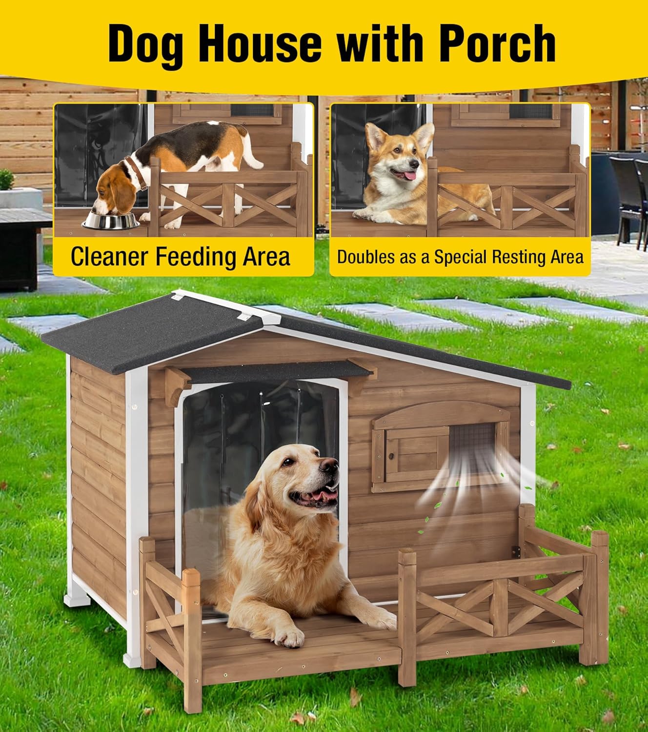 Aivituvin Dog House Outdoor with Anti-Chewing Metal Frame, Wooden Dog Kennel with Sliding Window, Detachable Floor, Weatherproof Roof - Brown