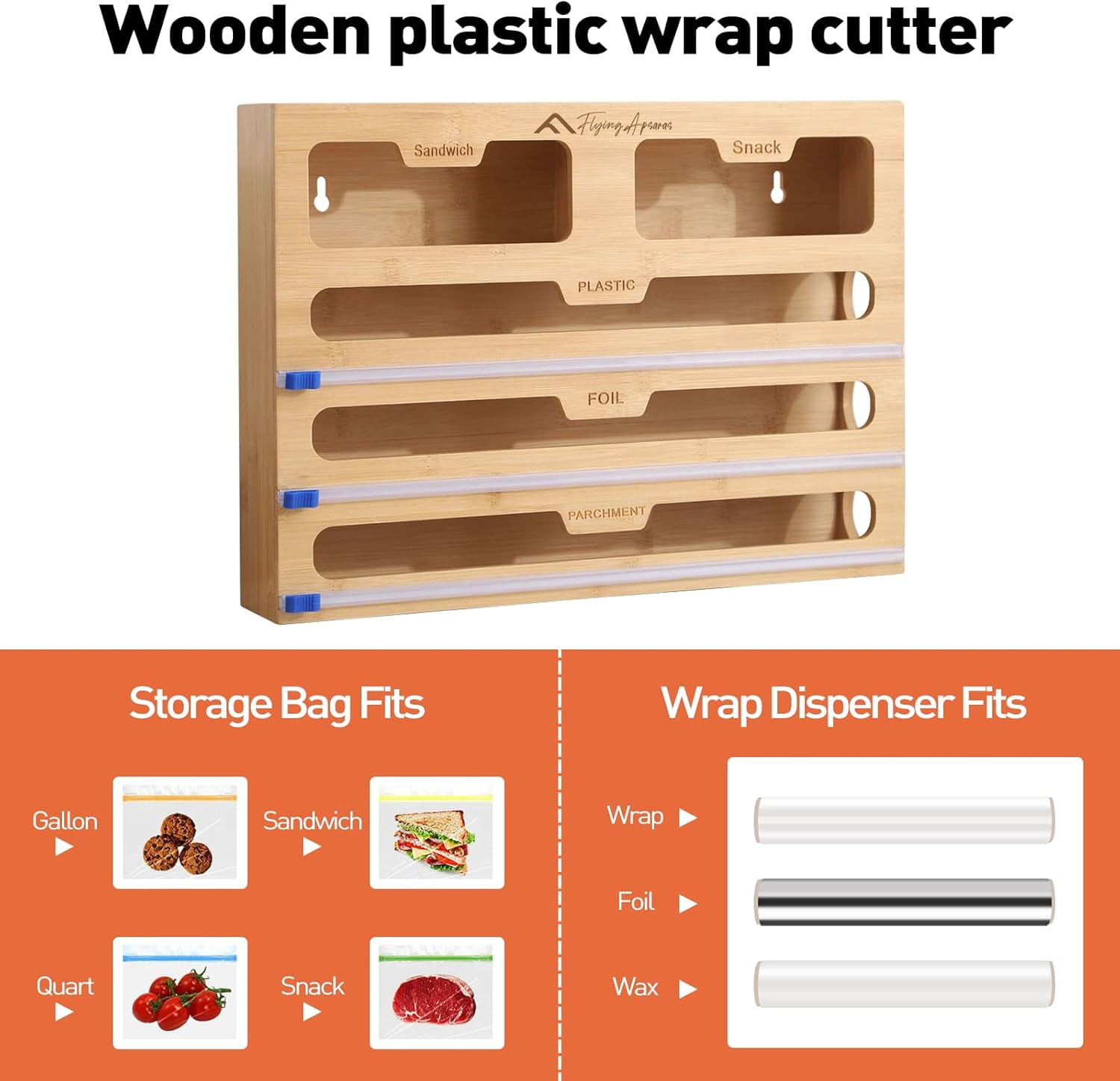 APSARAS USA 5 in 1 Bamboo Foil and Plastic Wrap Organizer for Kitchen Drawer, Ziplock Bag Organizer, Dispenser with Cutter, Plastic Bag Organizer, Food Storage Bag Organization