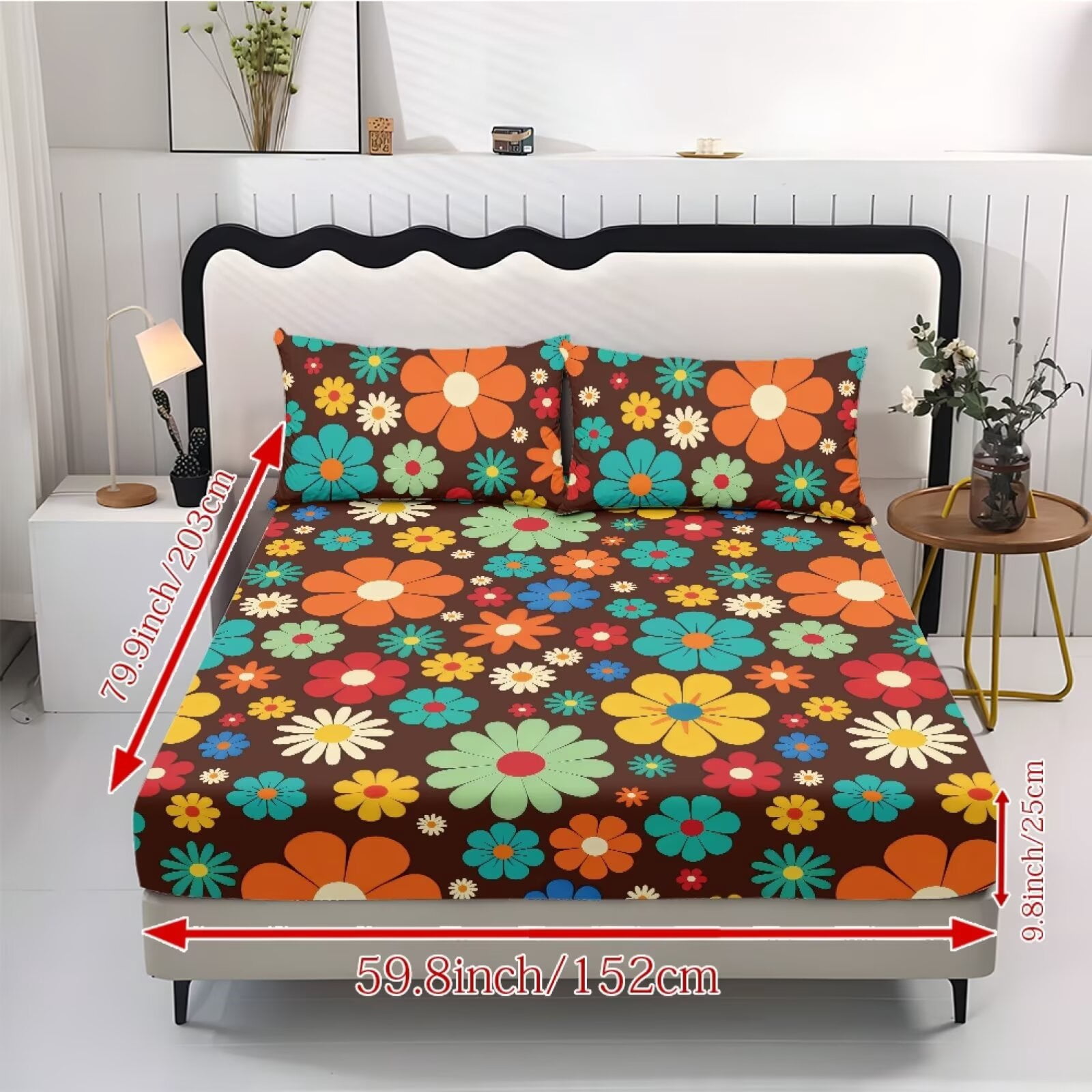 ZIATUBLES 3-Piece Twin Sheet Set, Brown Hippie Daisy Floral Print Cooling Sheets, Soft Cozy 9.8" Standard Pocket Twin Sheets with Pillowcases, Easy-Care Bedding for All Seasons