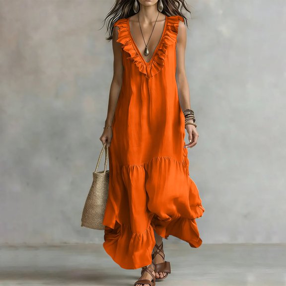 Dolkfu Dresses for Women Trendy V-Neck Sleeveless Orange Side Split Maxi-Length Peasant Dresses Solid Modern Relaxed Fit Flowy Dresses Orange,M