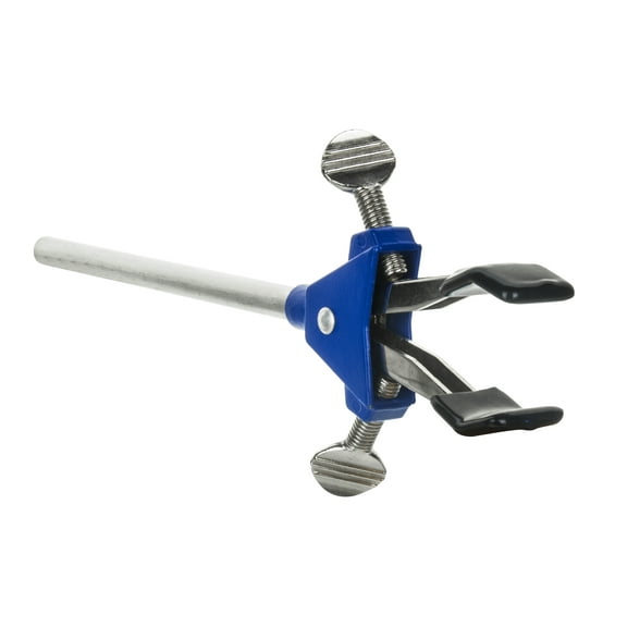 2 Prong, Vinyl Coated, Spring Loaded Clamp on Stainless Steel Rod - 2.75" Max Clamp Opening, 5" Connecting Rod - Powder Coated Alloy Clamp - Research, Industrial Laboratory Grade -  Eisco Labs