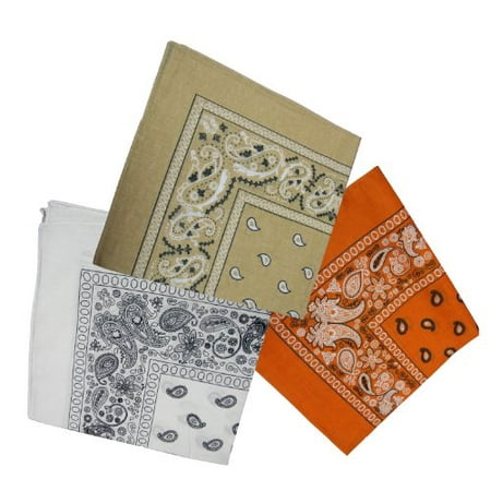 100% Cotton Double Sided Print Paisley Bandana Scarf, Head Wrap - 3 Colors - Kahki, Orange, White - 22
