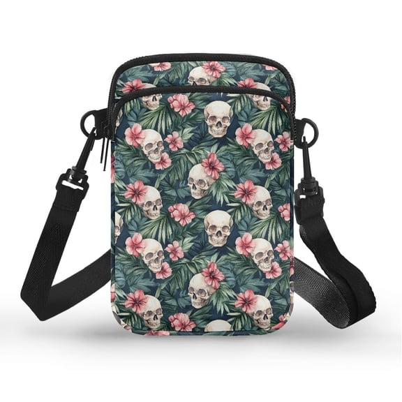HELLHERO Skull and Floral Pattern 2 Zippers Shoulder Bags with Adjustable Strap for Outdoor Travel