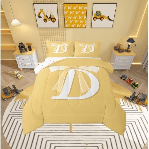Erosebridal Yellow Bowknot Comforter Sets Full Size, Initial Letter D Comforters & Duvets, Cartoon Monogrammed Reversible Duvet Insert, Breathable Bedroom Decorative, 3pcs