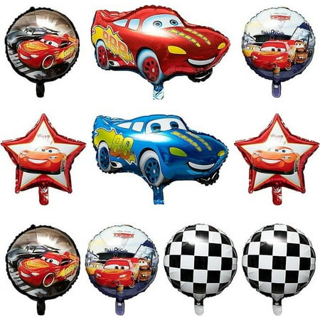 Laffact 10Pcs Red Race Car Foil Balloons Kit, Double-Sided Checkered Flag Racing Car Shaped Balloons Let’s Go Racing Theme Party Favors Supplies Decorations for Kids Boys Birthday Party Baby Shower