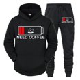 thumbnail image 2 of Conjunto de 2 piezas de sudadera y pantalón divertidos para hombre con estampado "Need Coffee" de manga larga con capucha y patrón de batería baja, ropa deportiva, 2 of 5