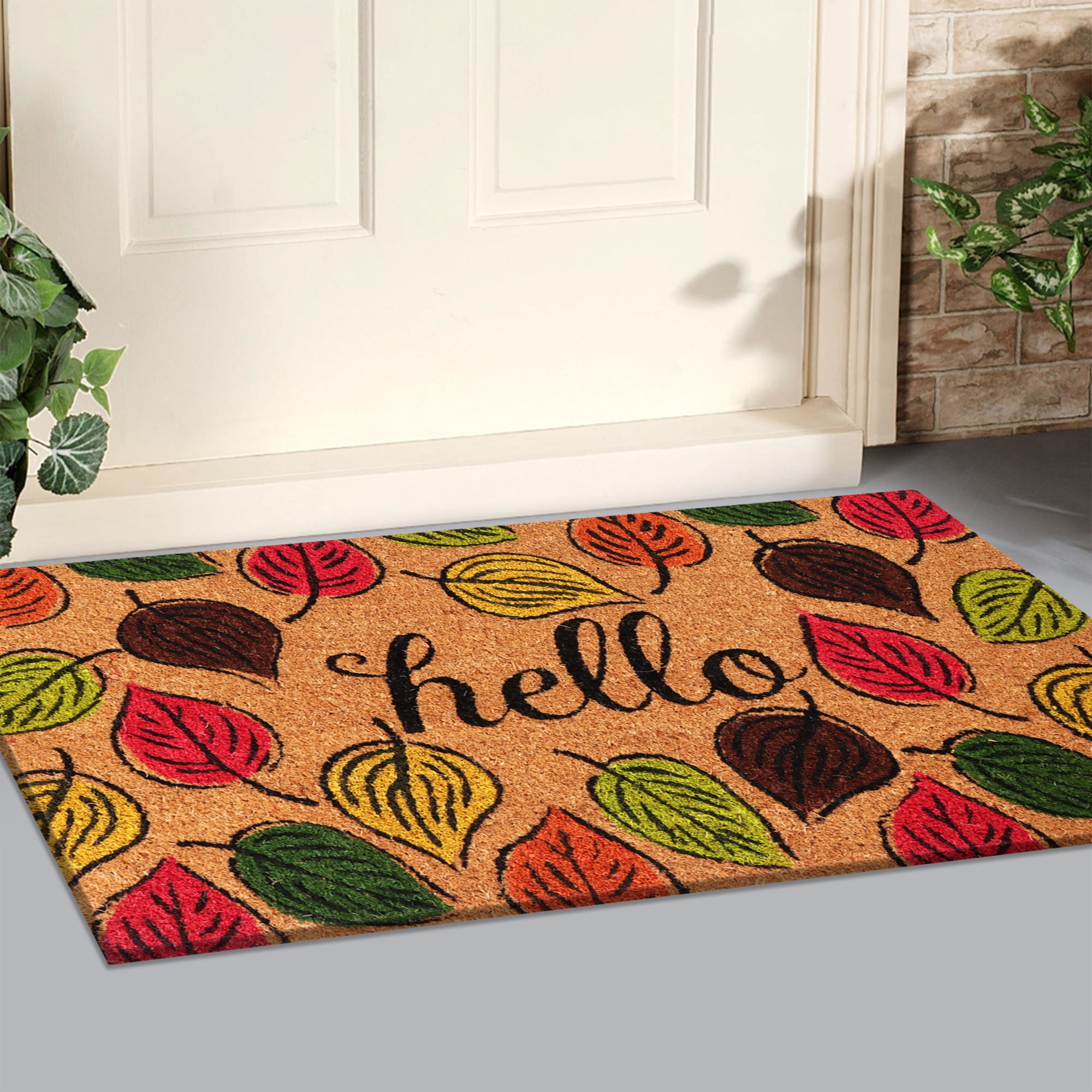 A1HC Natural Coco Coir Doormat, Hello Autumn Leaves, 18"x30", Durable Outdoor Welcome Mat, Non-Slip, Easy to Clean, Pet Friendly