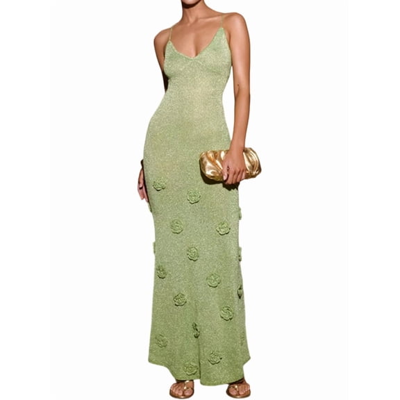 Women'S Knit Maxi Dress Floral Dresses Bodycon Knitted Beach Backless Swim Cover Up Dresses Flashing Green M