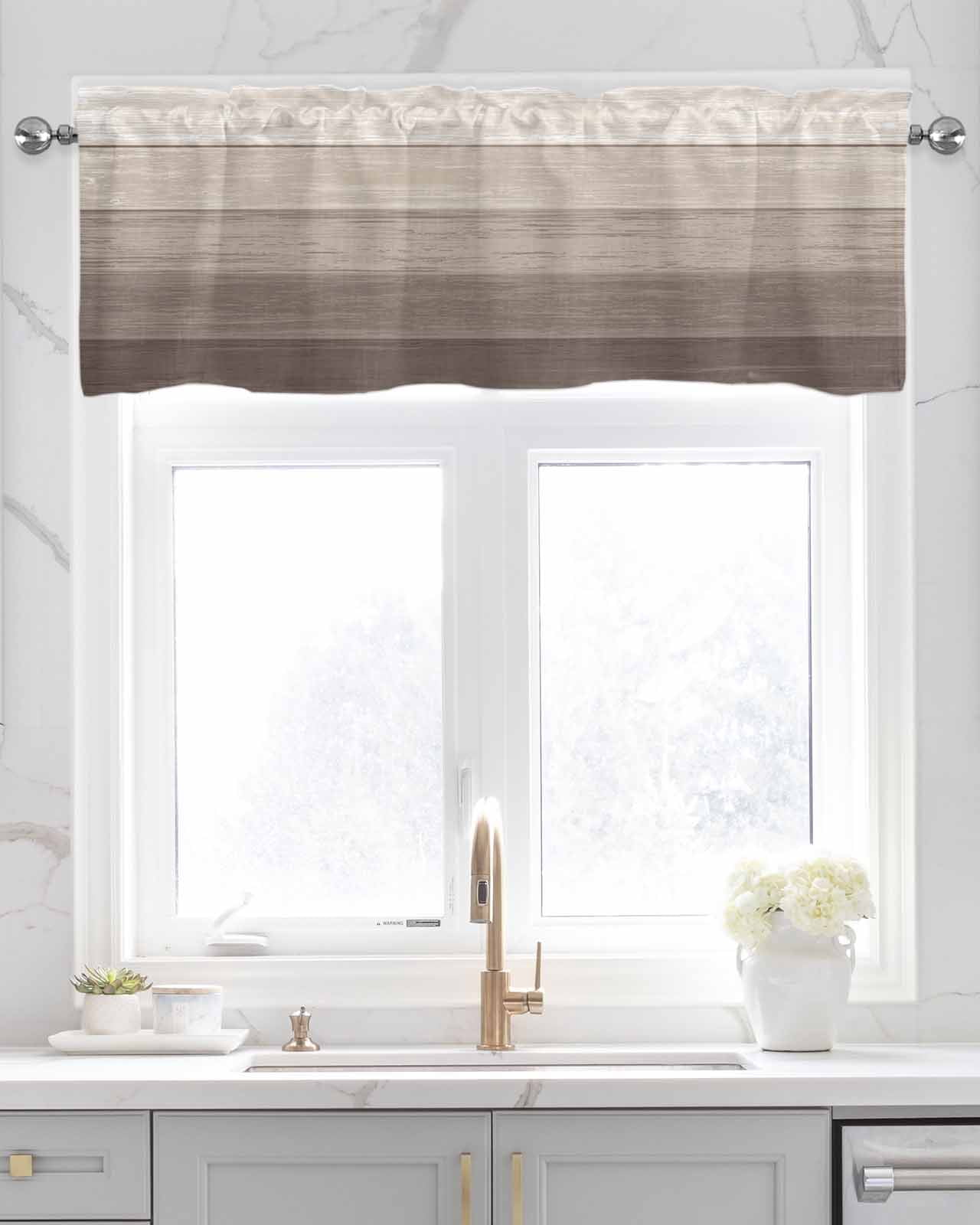 Brown Farmhouse Linen Curtain Valance for Bedroom/Bathroom/Kitchen/Office/Living/Dining Room Window,Vintage Gradient Retro Wooden Grain Pocket Topper Drapes Decorative Cafe Drapery Panel 54"x18"