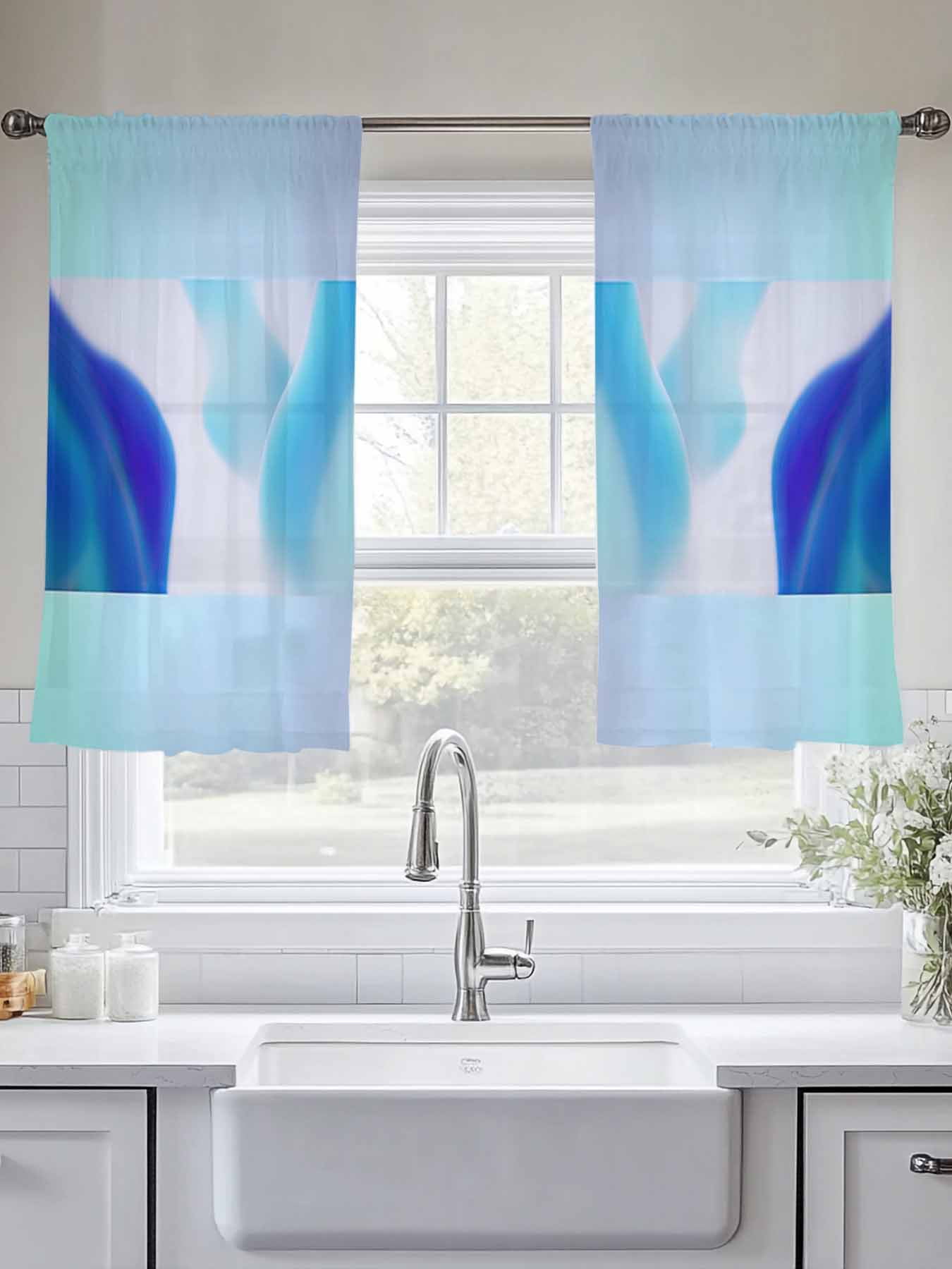 Blue Abstrac Sheer Curtains 45 inches Long 2 Panels Set Tiers Sheers Rod Pocket Small Window Short Curtains for Kitchen Cafe, Each 52" W x 45" L