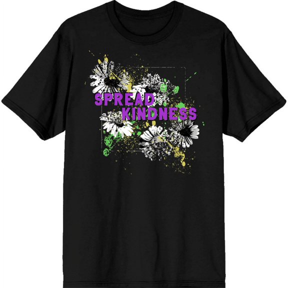 "Spread Kindness" Flowers With Color Splatter Adult Black Crew Neck Short Sleeve Tee-Medium
