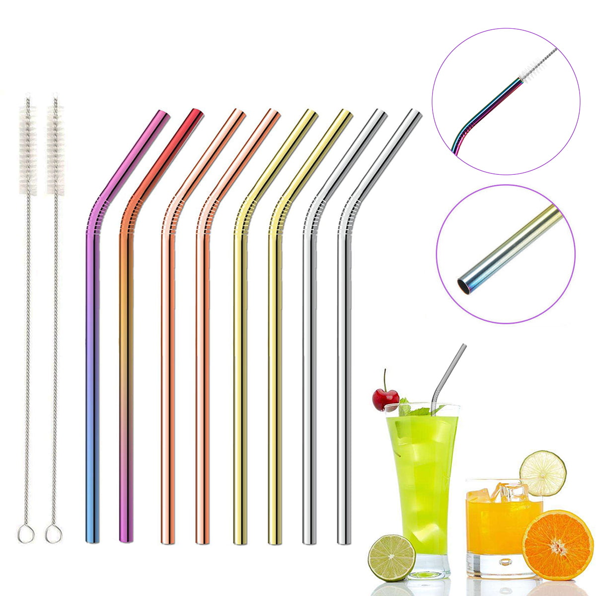 8X Rainbow Color Stainless Steel Drinking Straws Reusable Filter With 2 Brush!