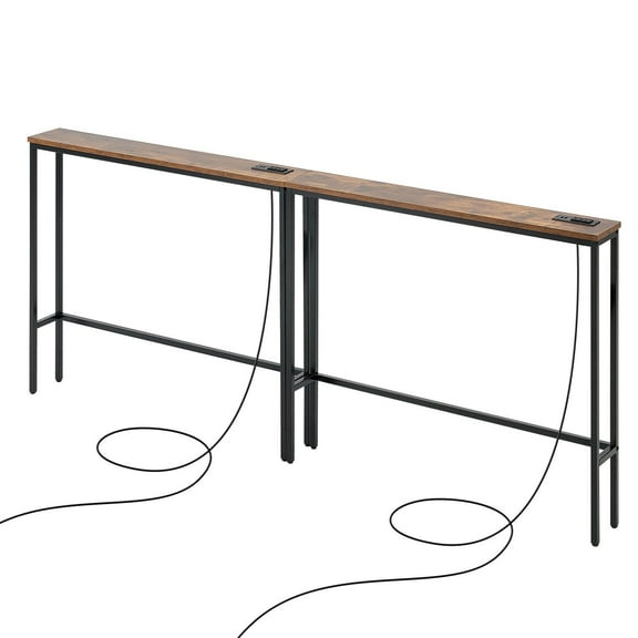 Narrow Console Table 2 Pack, Behind Couch Table with Power Outlets, Long Entryway Table, Sofa Table with Metal Frame for Living Room, Hallway