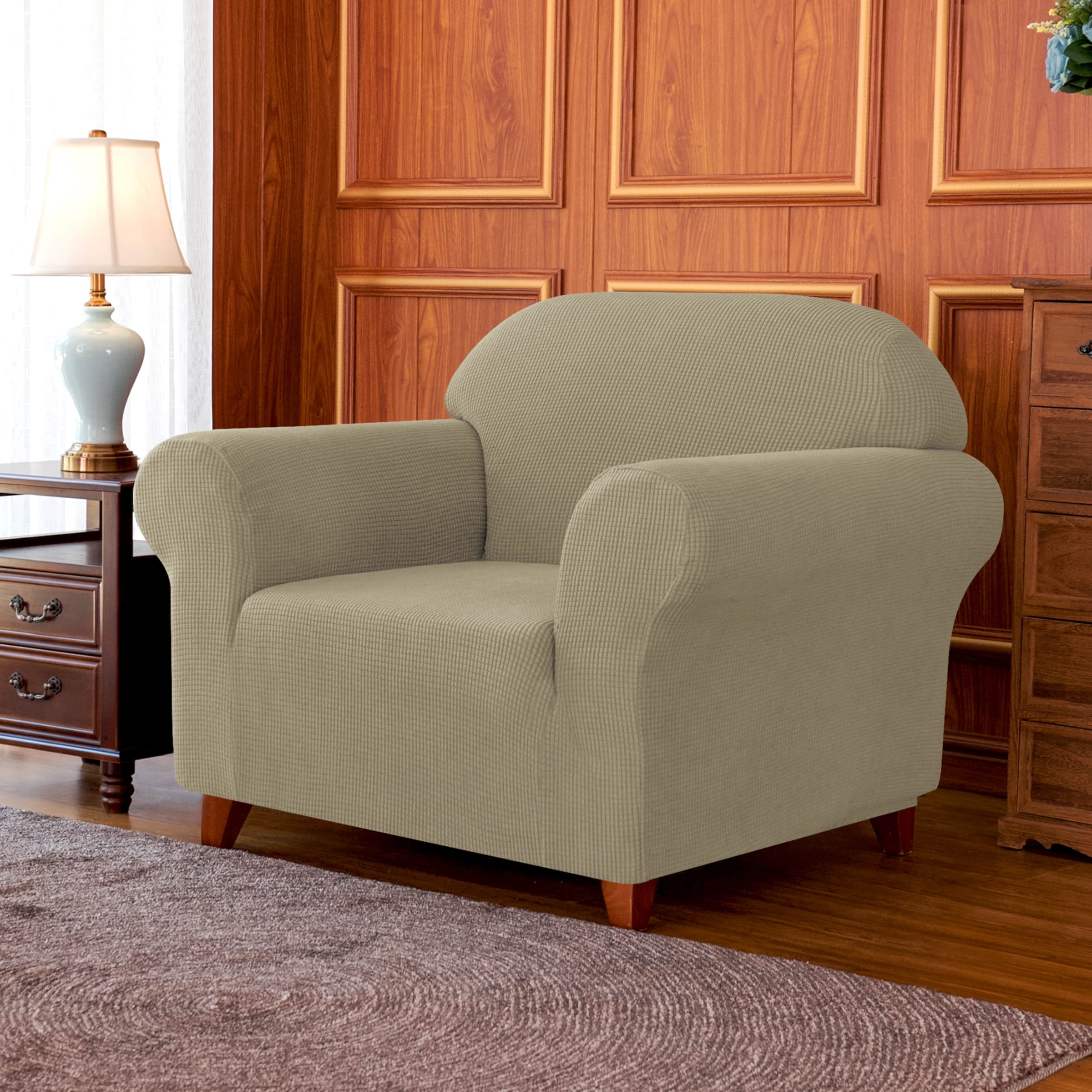 Subrtex Stretch 1-Piece Textured Grid Armchair Slipcover, Sand
