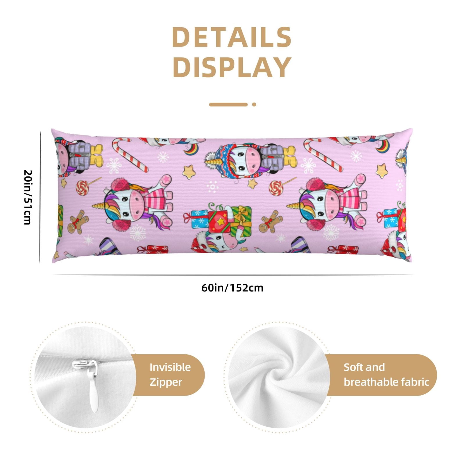Naloa Christmas Unicorns Super Soft 20x60 Body Pillow Case,Long Side Hidden Zipper（PILLOWS ARE NOT INCLUDED）