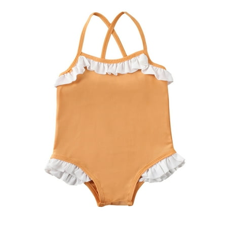 

ZIYIXIN Toddler Kids Baby Girls Sleeveless Swimsuit One-Piece Swimwear Halter Ruffled Beachwear Swimming Suit Yellow 4-5 Years