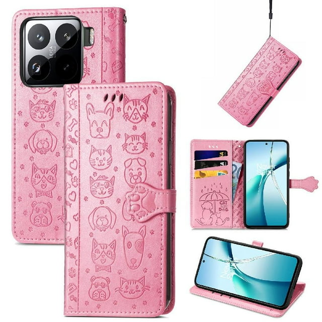 Funda Cartera FOXDOCK para Xiaomi 15 , Flip PU con Relieve de Gatos y Perros, Tarjetero y Soporte