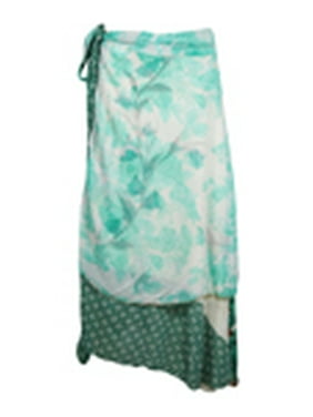 Mogul Womens Recycled Silk Sari Wrap Skirts Beach Bikini Cover Up 2 Layer Printed Sarong Wrap Around Skirts Sarong Dress
