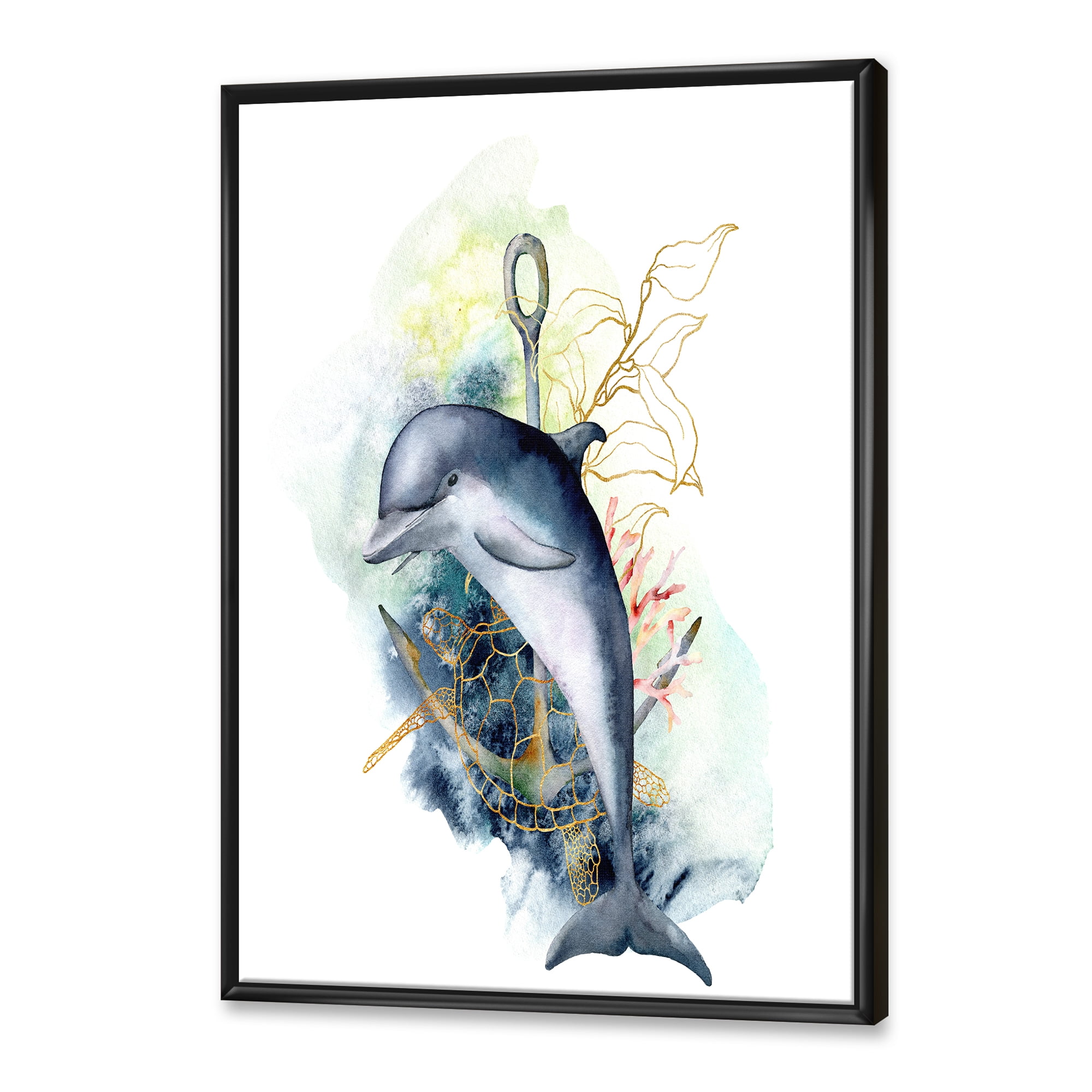 Linear Coral Reef Plants and Dolphin Turtle Anchor 12 in x 20 in Framed Painting Canvas Art Print, by Designart
