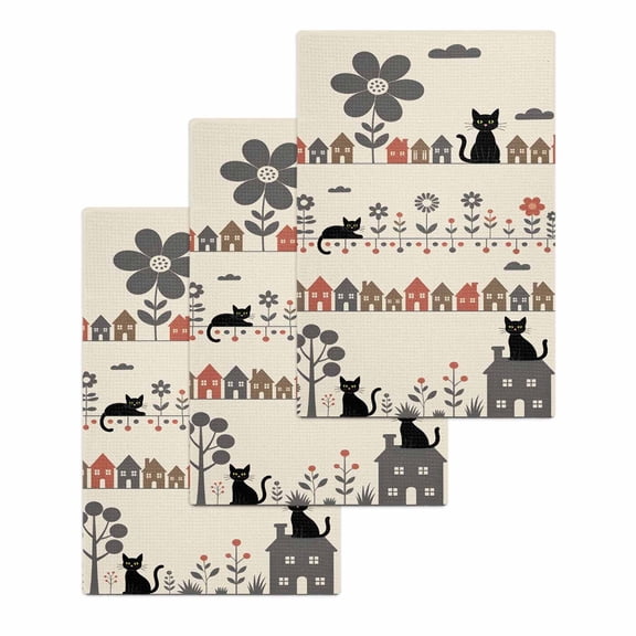 Japanese Style Kitchen Dish Towels for Drying Dishes Set of 3, Vintage Cartoon Cat House Trees Flowers Waffle Weave Microfiber Hand Tea Bathroom Towels Quick Dry & Absorbent Towel 15.7x23.6