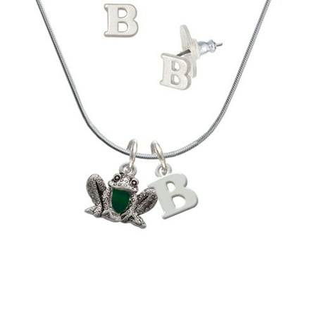 Frog Jewelry - Frog Front - B Initial Charm Necklace and Stud Earrings Jewelry Set