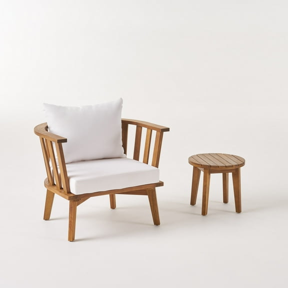 GDF Studio Lorie Outdoor Acacia Wood Club Chair and Side Table Set with Cushions, Teak and White