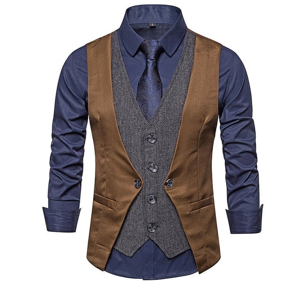 Traje de los Hombres, Nuevo Empalme Falso Dos Piezas de Pecho Blusa Casual para el Uso Diario, 100% Poliéster Camiseta de Moda