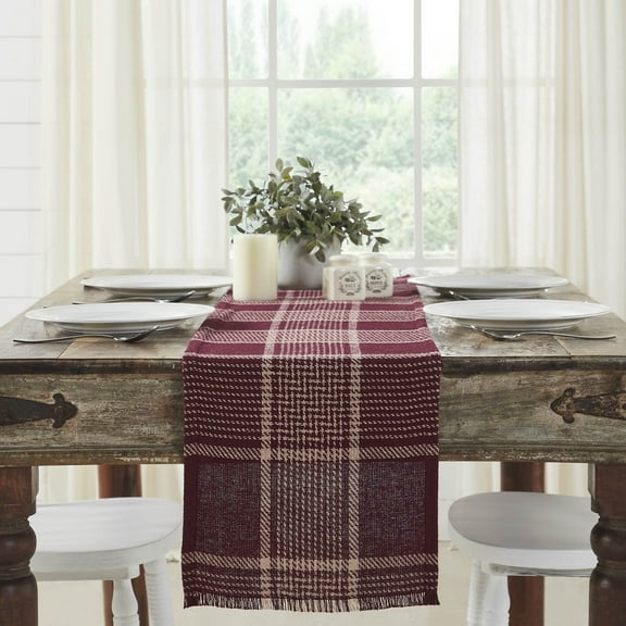 VHC Brands Eston Rustic Farmhouse Decor Autumn Seasonal Burgundy Tan Plaid Runner 12x60