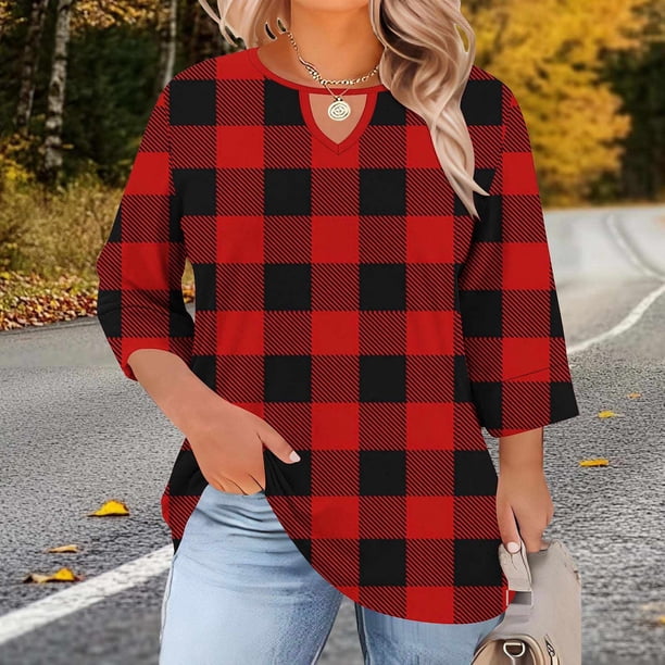 TaTaai Women's Plus Size Casual Top Round Neck 3/4 Sleeve Chest Cut-out Printed T-Shirt Loose Fit Spring Summer Base Layer Blouse Gift