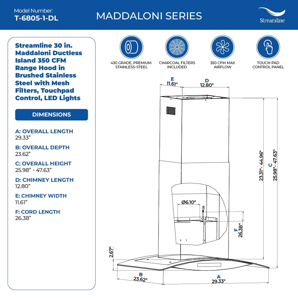 Streamline 30 in. Maddaloni Ductless Island 350 CFM Range Hood in Brushed Stainless Steel with Mesh Filters, Touchpad Control, LED Lights