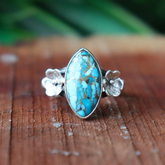 Blue Turquoise Ring, 925 Sterling Silver Ring, Marquise Ring, Handmade Jewelry, Floral Band Ring, Natural Gemstone Jewelry, Beautiful Ring*