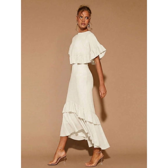 White Womens Tiered Ruffle Hem Midi Dress With Flared Short Sleeves And Round Neck, Elegant For Evening Or Cocktail