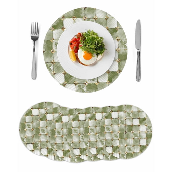 Sage Green Geometric Round 15 Inch Placemats Set of 6, Modern Abstract Art Botanical HeatResistant Non Slip Place Mats for Dining Table, Wipeable Braided Kitchen Table Mats for Housewarming