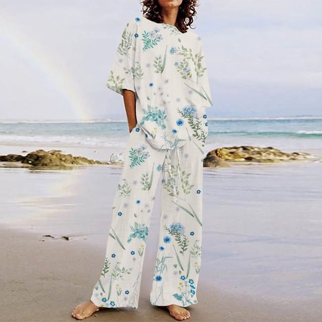 ICHUANYI Clearance Women's Fashion Casual Spring Summer Short Sleeve Round-Neck Blouses & Shirts Sets ICHUANYI "ICHUANYI"