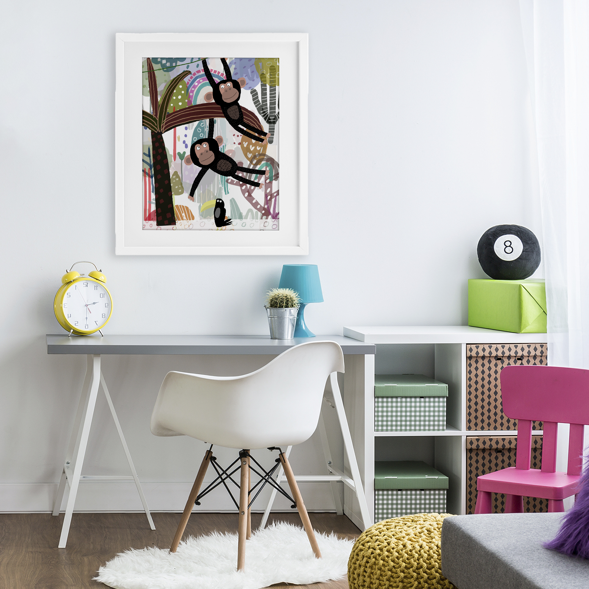 Exotic Monkey & Toucan White Framed Print Under Glass, design by Carla Daly
