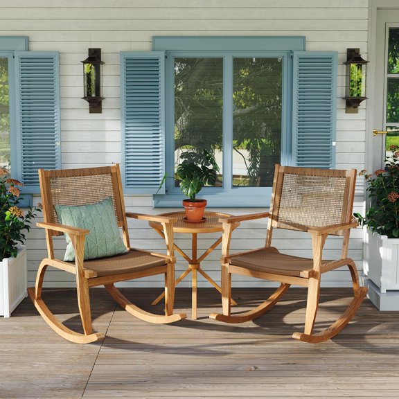 Euroco 2 Pieces Patio Rocking Chair Set, Acacia Wood Outdoor Rockers with Wicker Rattan Seat & Backrest, Comfortable Garden Porch Chairs