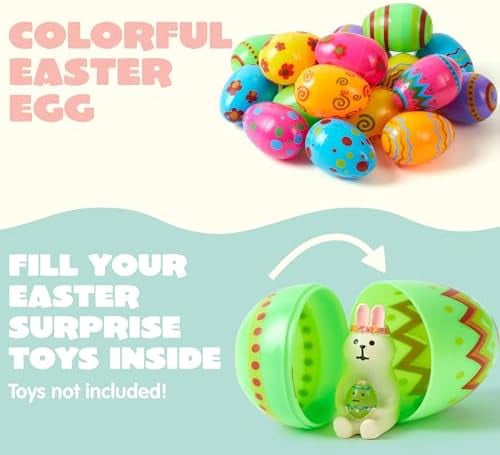 Toy 72 PCs Plastic Printed Bright Easter Eggs, Over 3.15'' Tall Fillable Empty Eggs Bulks for Easter Hunt, Basket Stuffers Fillers, Classroom Prize Supplies, Filling Treats and Party Favor