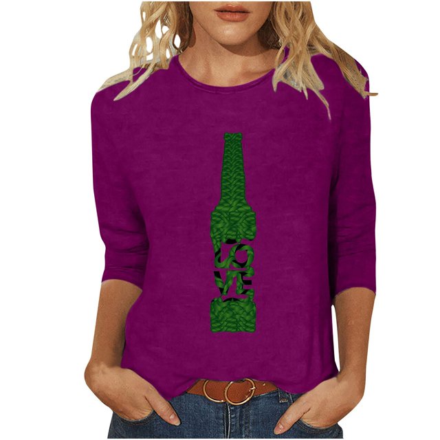 Pompotops T-Shirt d'Été Décontracté pour Femmes Imprimé Bière Col Rond Manches 3/4 Ample en Solde