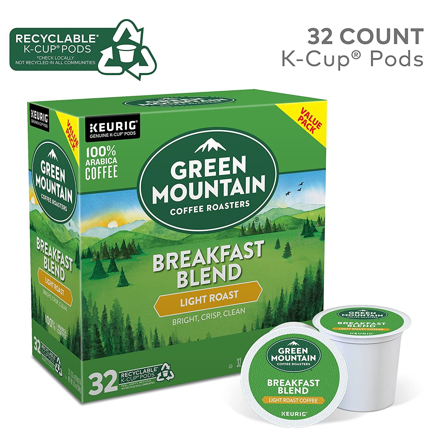 Green Mountain Coffee Roasters Decaf Breakfast Blend , Single-Serve Keurig K-Cup Pods, Light Roast Coffee, 32 Count